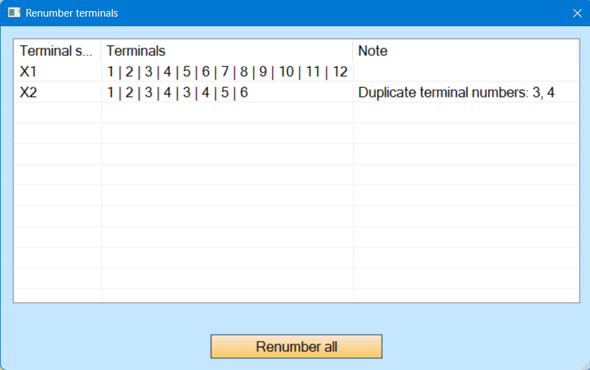 Renumber terminals dialog before renumbering