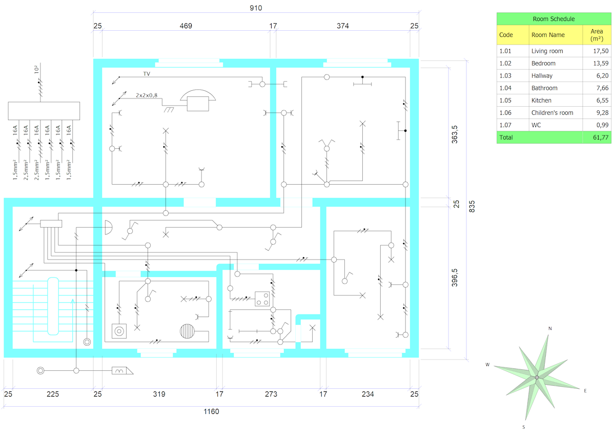 Sample drawing of a house electrical installation with a table (room legend)